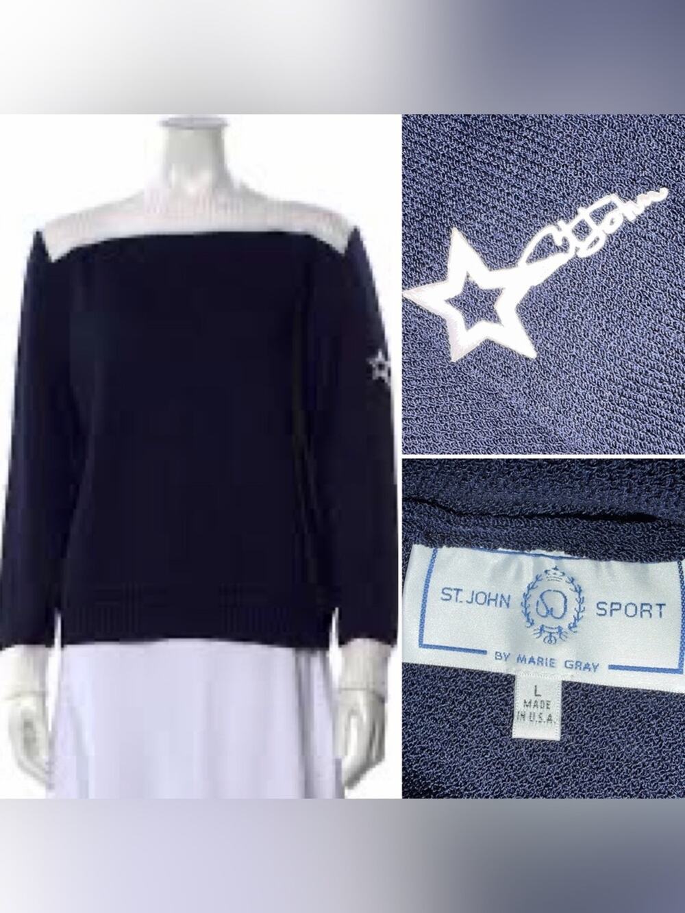 St John Sport Women’s Nautical Classic Navy & White Boat Neck Sweater L EUC
